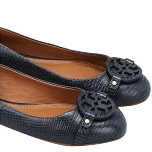 Tory Burch Mini Miller Leather Logo Flats Matte Micro Tejus Print Navy Blue 8.5 - Picture 2 of 13